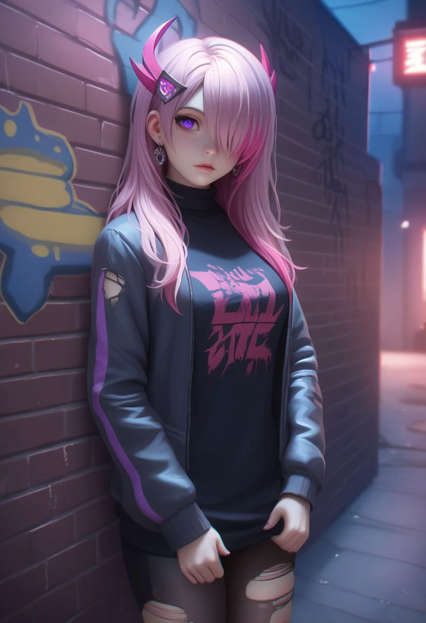 1girl, solo, intricate details, chromatic aberration, realistic, long hair, pink hair, red head ornament, pink highlights, hair over one eye, purple eyes, earrings, sharp eyes, choker, neon shirt, torn legwear, open jacket, turtleneck sweater, night, against wall, brick wall, graffiti, dim lighting, alley, looking at viewer, BREAK PonyXLV6_Scores