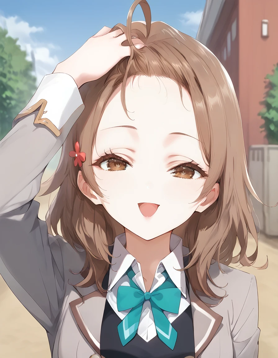 score_9, score_8_up, score_7_up, source_anime,
1girl, solo,
<lora:revealing_forehead_concept-soralz:0.8>,
revealing forehead, hand on own hair, looking at viewer, open mouth, happy, outdoors, blurry background, cowboy shot, forehead, <lora:maria_anime-soralz:1>, maria, medium hair, brown hair, ahoge, hair ornament, brown eyes, school uniform, grey jacket, open jacket, long sleeves, green bow, white shirt, collared shirt, black vest, buttons, black dress, black thighhighs, black loafers