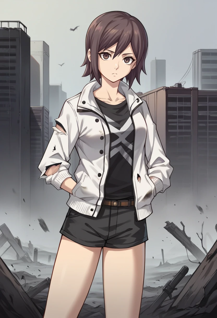 score_9, score_8_up, score_7_up, source_anime BREAK 1girl, solo,
<lora:zs_Dx2MCv2XL:1> maindx2alter, brown hair, short hair, white jacket, black tshirt, black shorts, black knee boots 
cowboy shot, expressionless, destroyed city, post apocalyptic, looking at viewer