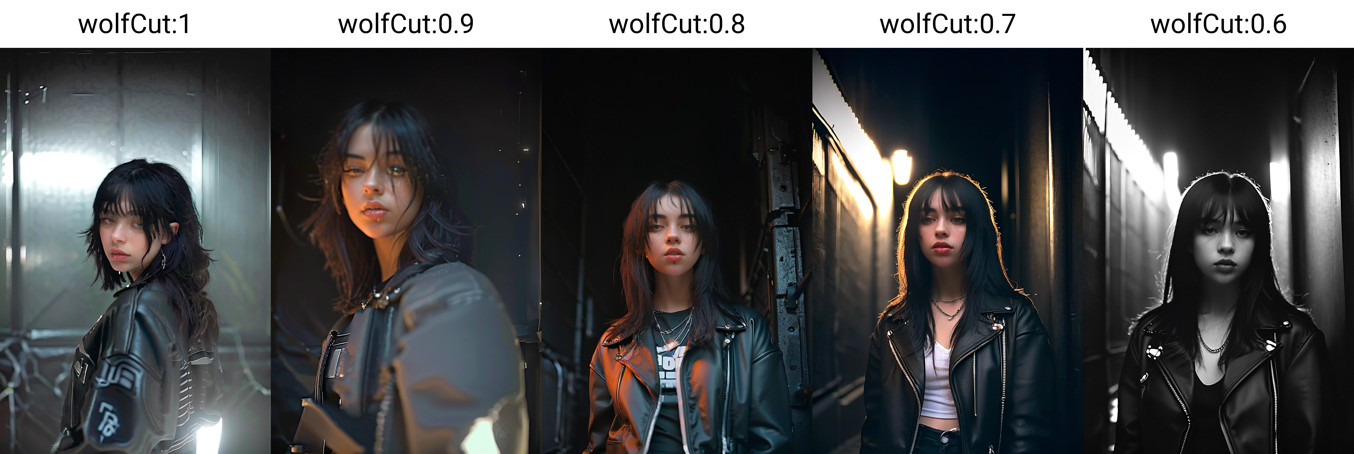 1girl, portrait, wolfcut, bangs, long layered hair,
(Wrapped in a sleek leather jacket, accentuated by silver studs and chains, emanating a fierce and edgy aura), (A dimly lit alleyway, with shadows lurking in the corners, exuding an atmosphere of calculated intensity: 1.3), (seductive:1.3),(analog, cinematic, film grain, hazy atmosphere, cinematic shot:1.3),
<lora:concept_hairstyle_wolfCut_sd15_v1-wolfCut:1>