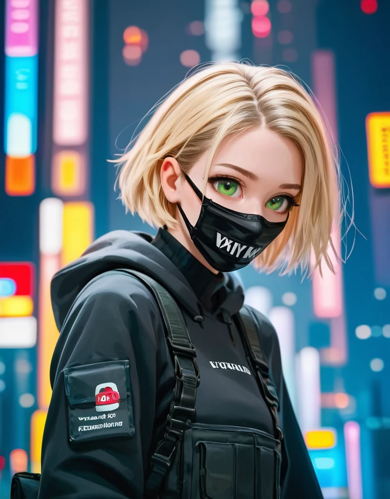 zPDXL2, <lora:TechwearV2:1>, t3chwear, 
1girl, cute face, detailed eyes, short blonde hair, green eyes, black face mask, closeup, city in the background