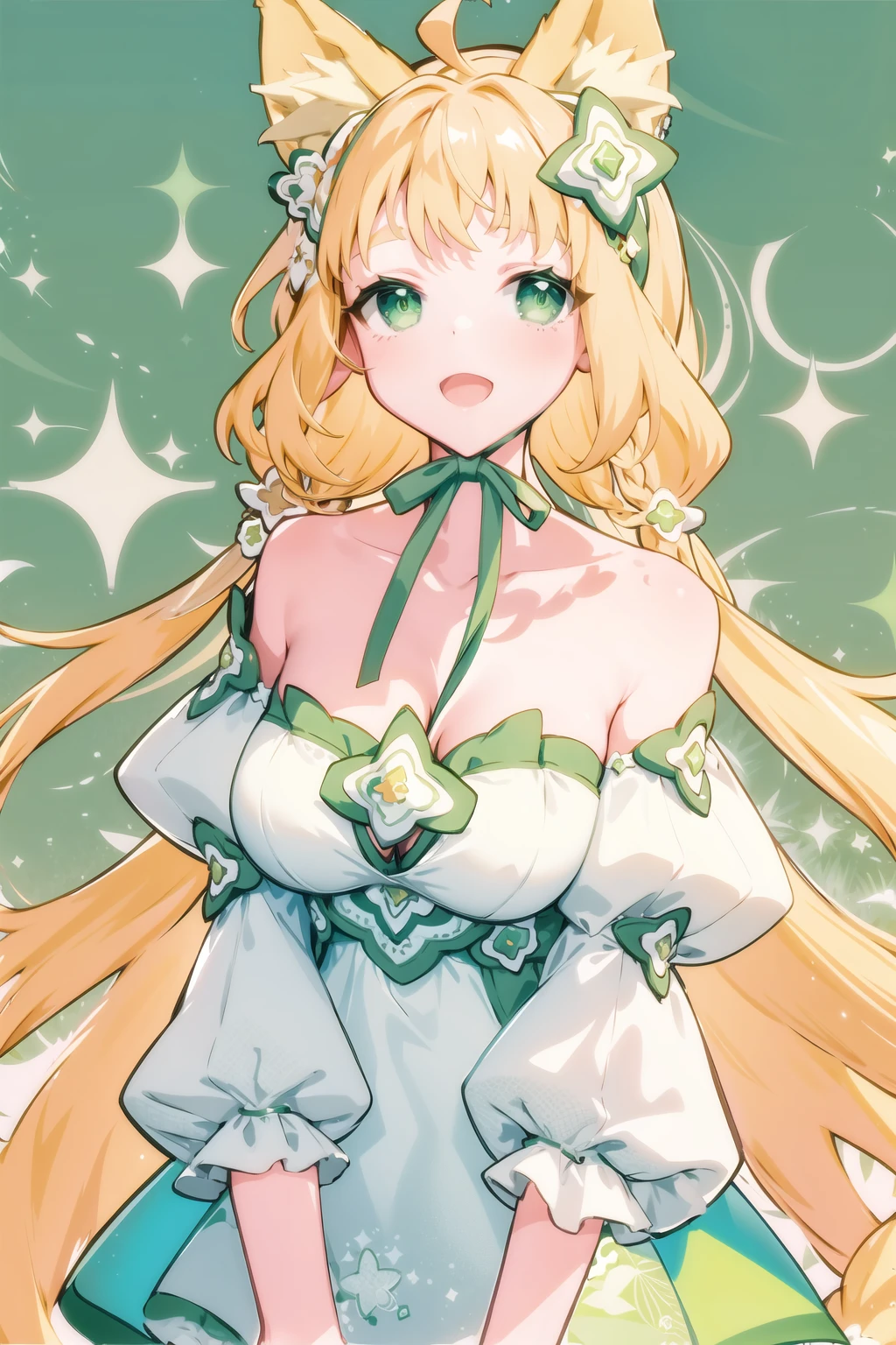 ((masterpiece)), 1girl, solo, <lora:chiffonMaimaiAnything0.0.5:0.95>, (blonde hair:1.1),  night, multicolored background, 
solo, animal ears, hair flower, long hair, thighhighs, green thigh strap, dress, green eyes, tail, fox ears, white dress, standing, legs together, zettai ryouiki, ahoge, open mouth, full body,  white thighhighs, blonde hair, braid, simple background, green hair ornament, looking at viewer, fox tail, animal ear fluff, very long hair, bare shoulders, breasts, medium breasts, cleavage, collarbone, cleavage cutout, ribbon, green star ornament, hair ornament, hand on own chest, chest jewel, green wedge heels, frilled dress, green flower ornament, fox girl, detached sleeves, arms behind back,  <lora:GoodHands-beta2:1.65>,( straight-on:1.5),