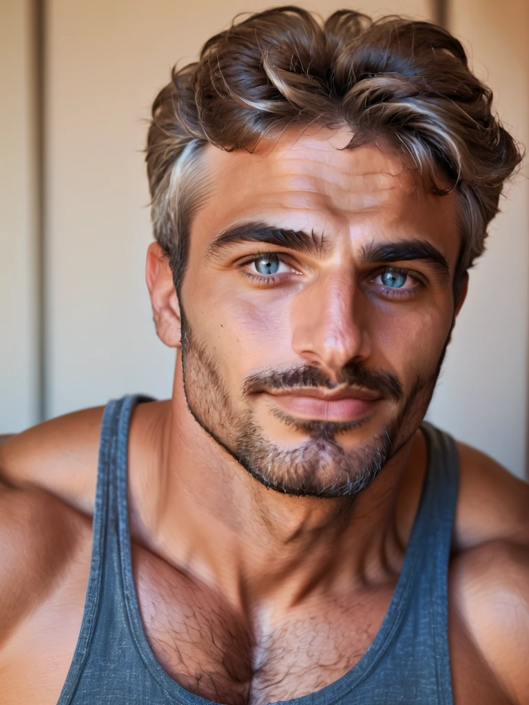 score_9, score_8_up,score_7_up, score_6_up, score_5_up, score_4_up,  hyperrealistic, Iskender ,  man  sitting on benach in garden, hairy body, dark-blue-eyes,  muscular, hairy, sunny day, ,brown eyes , jeans, tight tank-top, masterpiece, best quality,  athletic,<lora:TrSerkan-Iskender-Pony-v1:1>