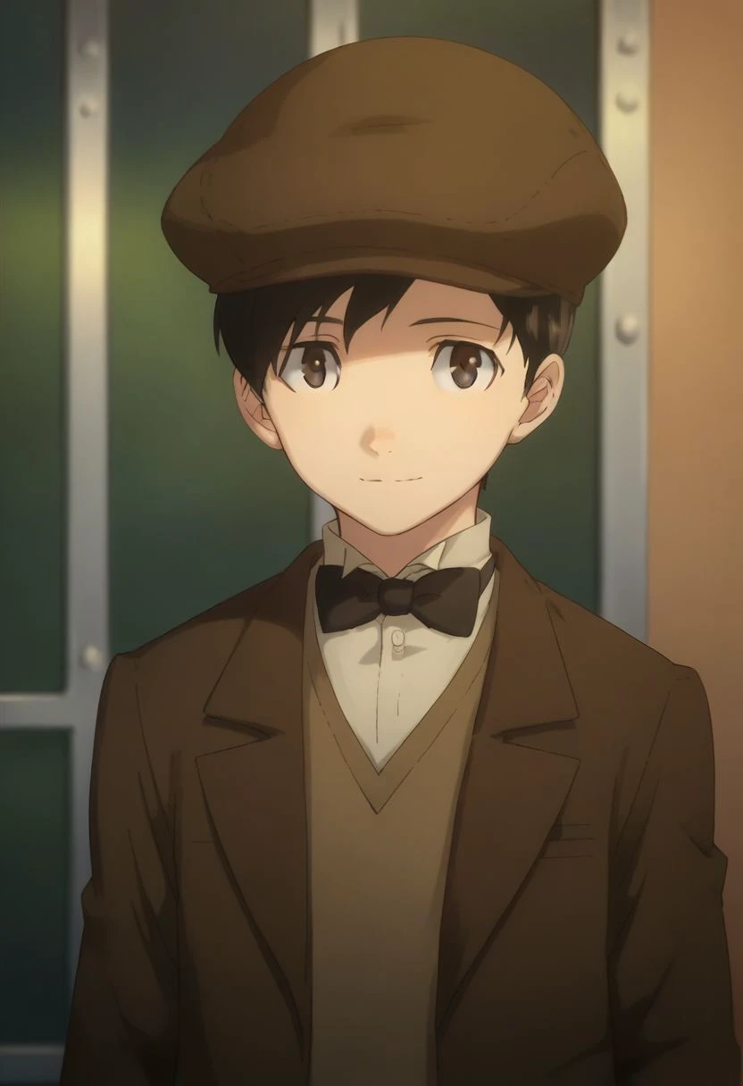 score_9, score_8_up, score_7_up, source_anime, highly detailed, 
meyer, 1boy, male focus, hat, solo, anime coloring, bow, bowtie, black hair, upper body,
jacket, black bow, brown jacket, looking at viewer, smile,
indoor,