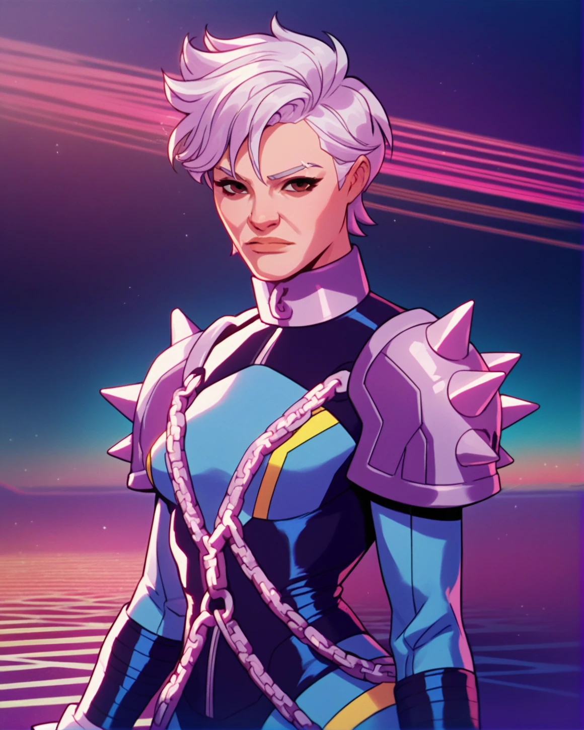 portrait, woman, bodysuit, spikes, white short hair, chains, looking at the viewer, synthwave, cyberpunk <lora:Abscissa97:0.8> abscissa, score_9, score_8_up, score_7_up, score_6_up, score_5_up, score_4_up