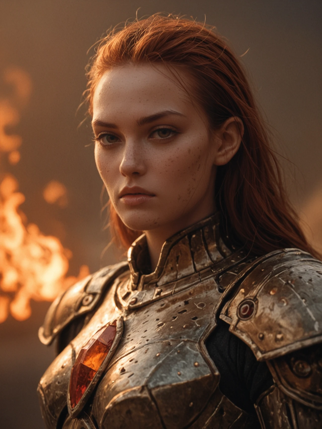 Alien, female, warrior, armored, metallic, fiery, red, hair, intense, eyes, orange, gem, forehead, freckles, dark, background, ethereal, mysterious, fierce, score_9, score_8_up, score_7_up, score_6_up