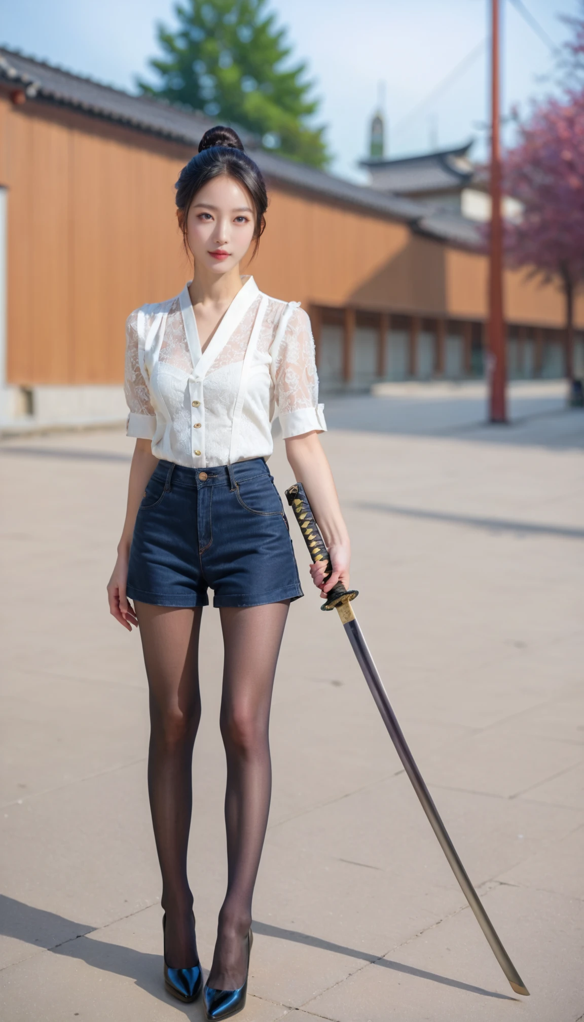 1girl, pantyhose, high heels, black hair, wearing shorts, Lace Blouse,   stand, outdoor, realistic, photorealistic, simple background, Updo,   masterpiece, best quality, 8k, score_9, score_8_up, score_7_up,
(holding katana, katana),  blur background, 
 <lora:katana-enhence:0.8>