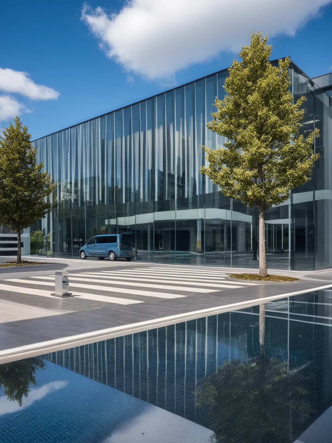 ,outdoors,,sky,day,cloud,bag,tree,ground vehicle,building,scenery,motor vehicle,walking,city,car,road,lamppost,street,crosswalk,real world location, glass, reflection,pool,
curtain wall,