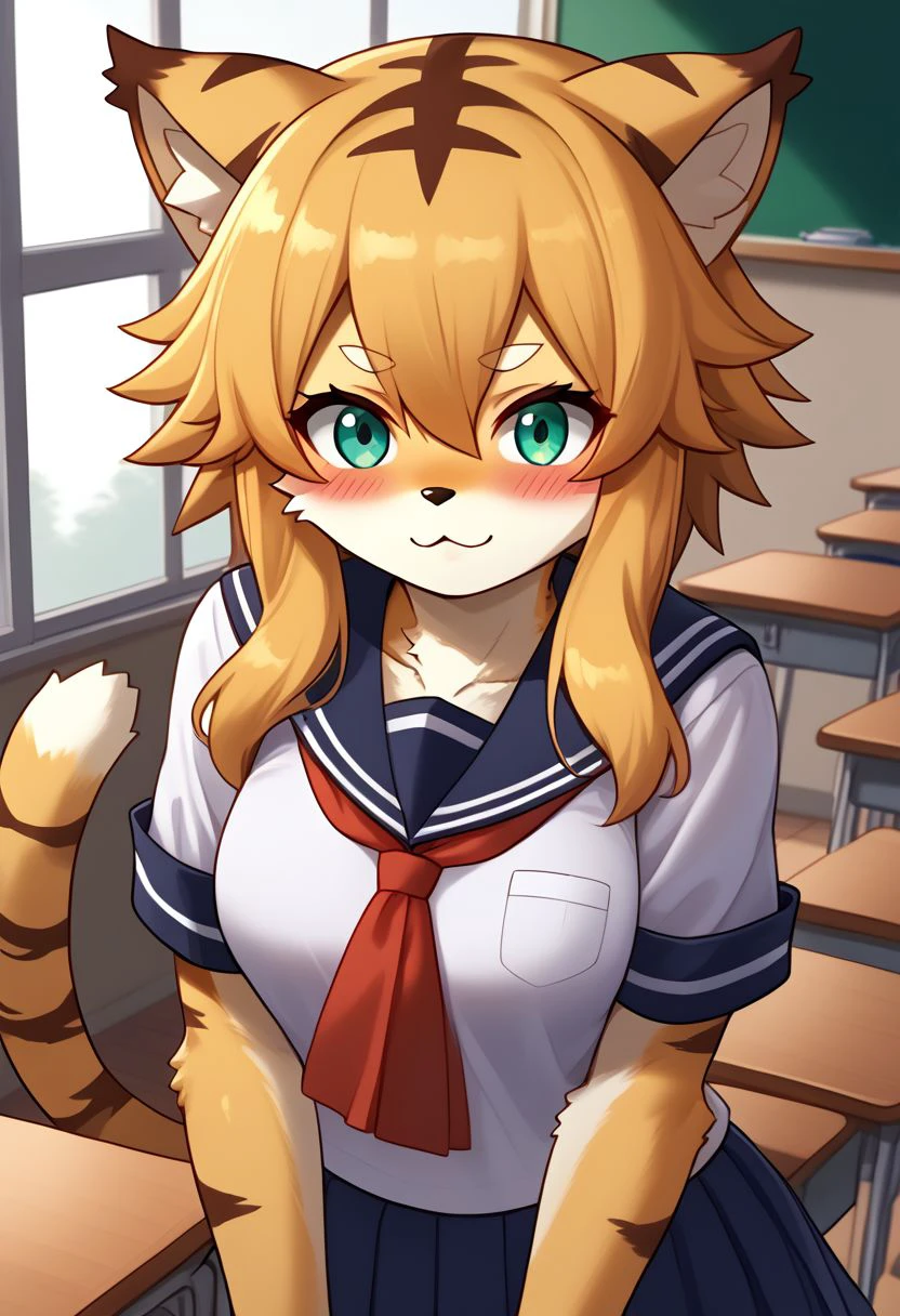 (absurdres), (highest quality), mia_(world_flipper), anime, furry, tiger, kemono, anthro, female, 1girl, solo, adorable, cute, blushing,  grinning, alternate outfit, seifuku, school outfit, sailor outfit, classroom