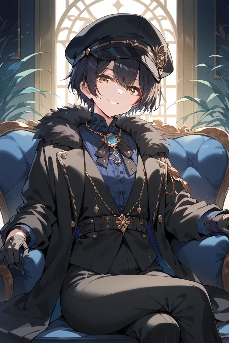 score_9, score_8_up, score_7_up, score_6_up, 1girl,
<lora:Miyake_Aoi:0.9> aoi, short hair, black coat, black outfit, black pants, fur collar, black hat visor, black gloves, sit blue armchair, look at viewer,