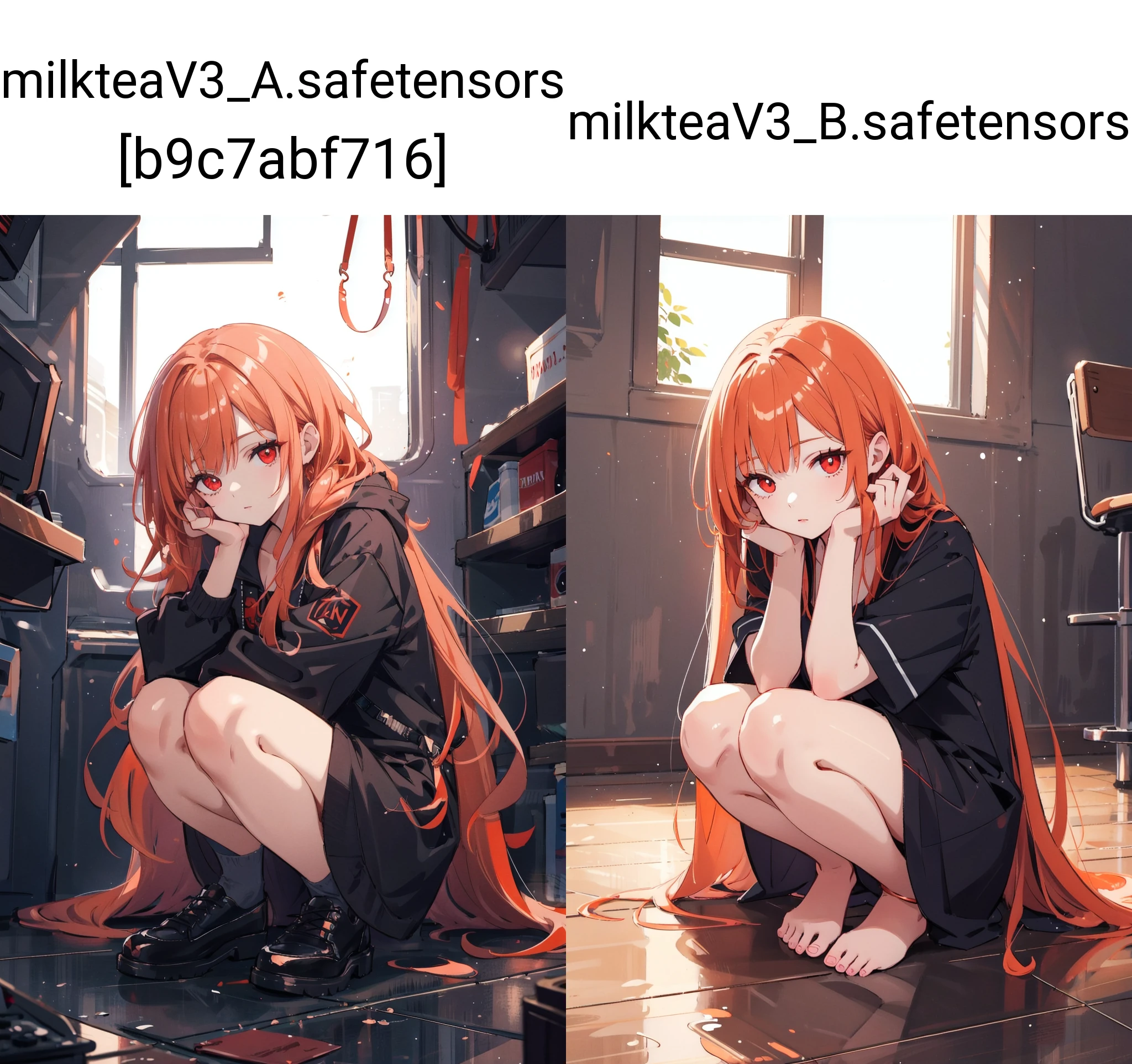 crouched low with one hand on the floor,
beautiful person, solo, long twisted hair, copper orange hair, red eye,