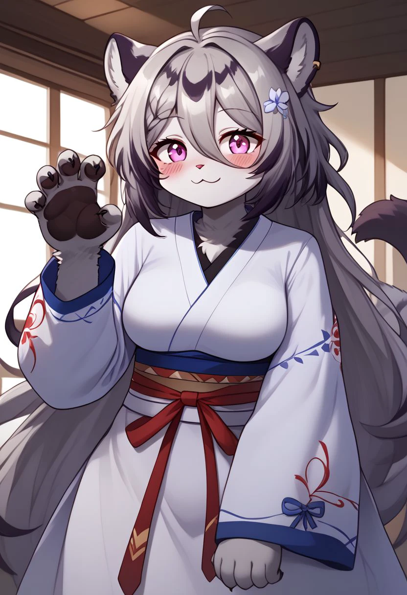 (absurdres), (highest quality), hannah_(mahjong_soul), ((furry)), kemono, anthro, female, 1girl, solo, adorable, cute, blushing, looking at viewer, grinning, claw pose