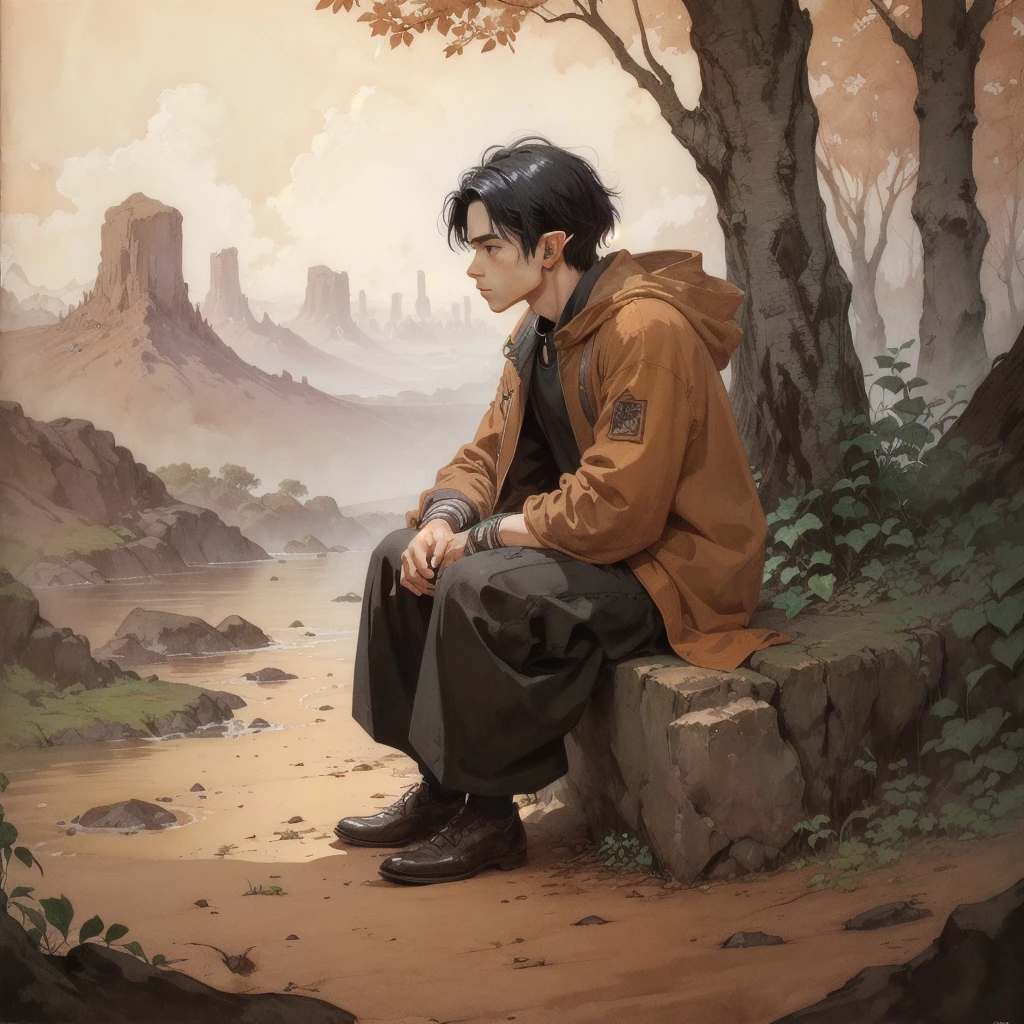 hit_yon style, 1boy, black hair, imcc, male focus, mouse, nature, pointy ears, sepia, sitting, solo, standing, traditional media, color illustration, painting, <lora:Hitoshi_Yoneda_style:1>