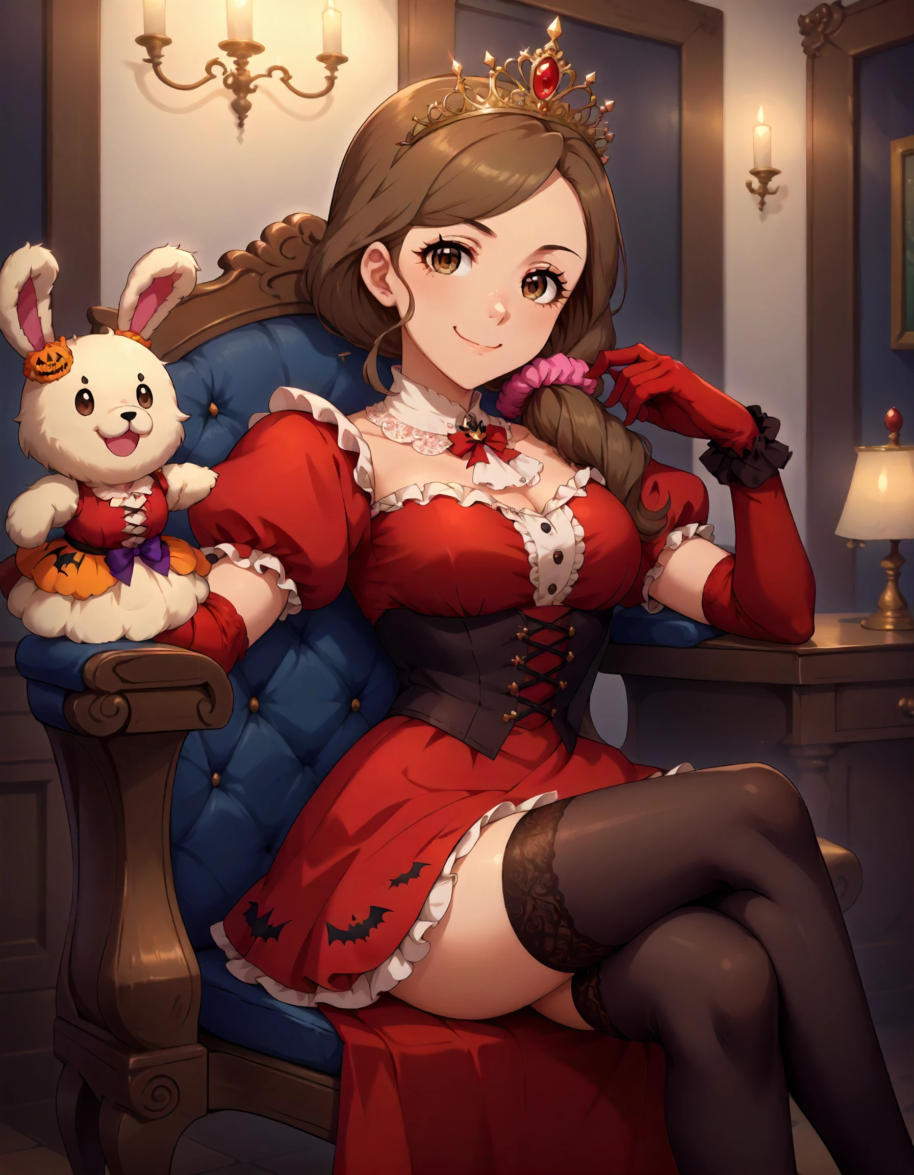 score_9, score_8_up,score_7_up,1girl,sitting,looking at viewer,smile,closed mouth,sit on victorian chair,crossed legs,
<lora:mochidaarisa_ponyXLV6:0.8>,cgmar,brown hair,long hair,low ponytail,golden hair scrunchie,brown eyes,hand puppet,halloween costume,golden tiara,red dress,puffy sleeves,red elbow gloves,black thighhighs