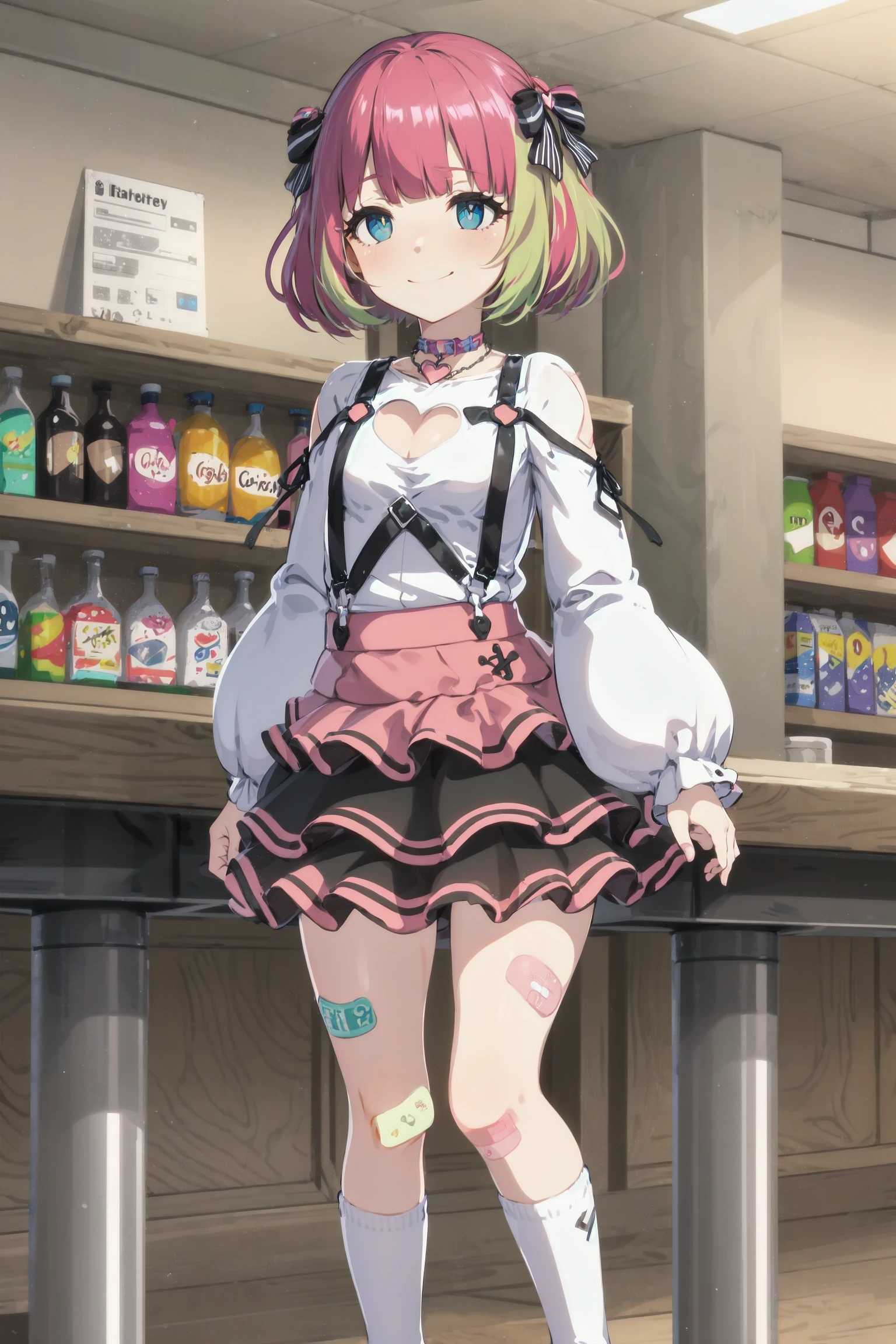 , absurdres, high detail, 4k,
cafeteria, table, chair, wooden floor, cashier,
standing, light smile,
solo, avarin, flat chest, ykclothes, hair bow, heart choker, necklace, white shirt, cleavage cutout, puffy long sleeves, shoulder cutout, pink skirt, layered skirt, bandaid on leg, white socks, black footwear,
<lora:MGCM-avaritia-t1:0.8>
