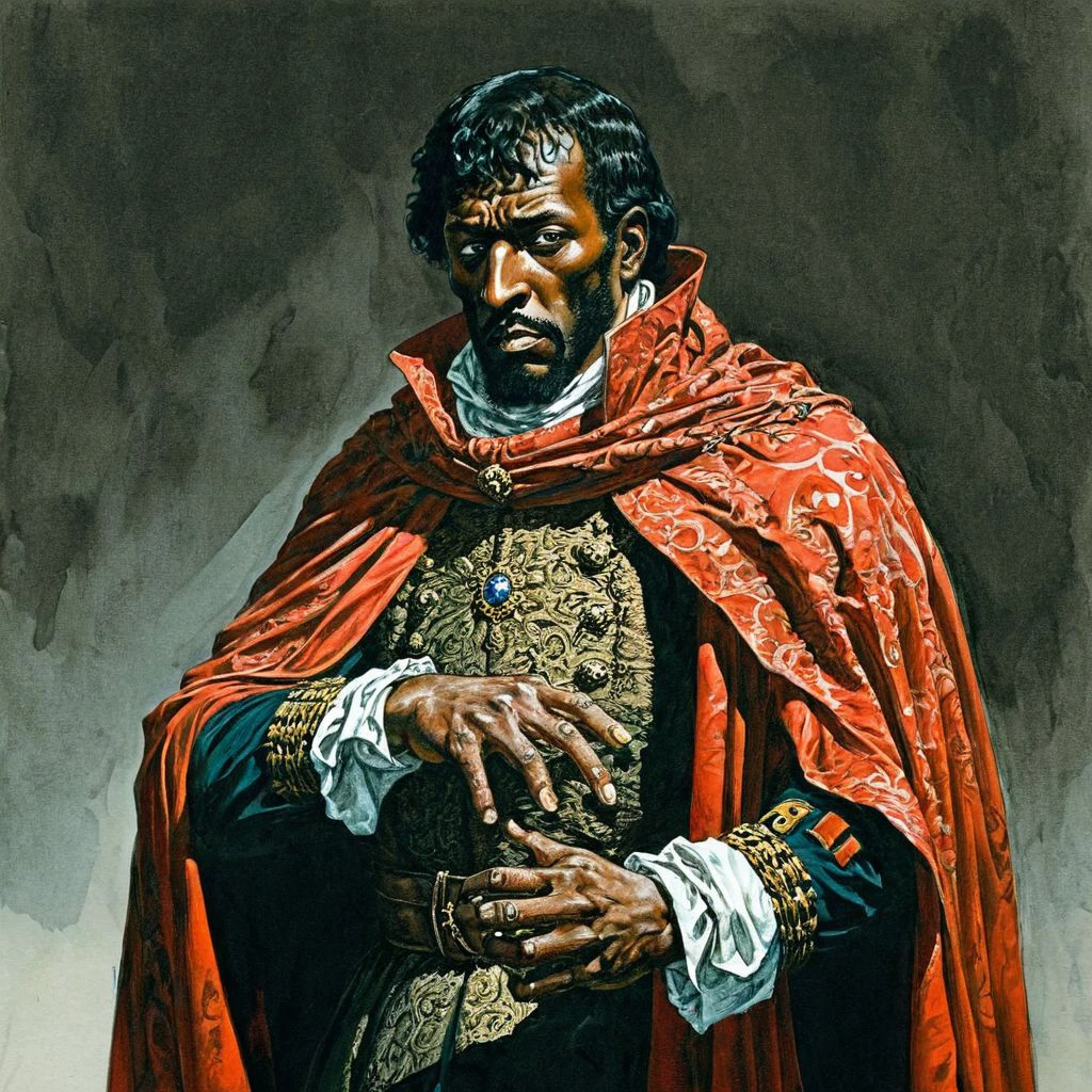 color illustration in berniewrightson style, extremely detailed, masterpiece, tenebrism, high contrast,
Othello - Moorish military garb with Venetian cape, stern, holding a delicate handkerchief between fingers. , hero pose,
<lora:BernieWrightson_Style_XL_V4.1:0.7>