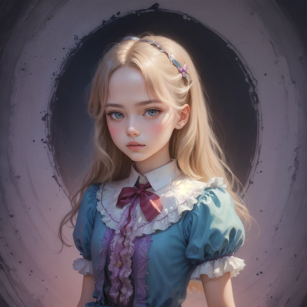 hit_yon style, 1girl, alice in wonderland, portrait, focus on face, color illustration, painting, <lora:Hitoshi_Yoneda_style:1>