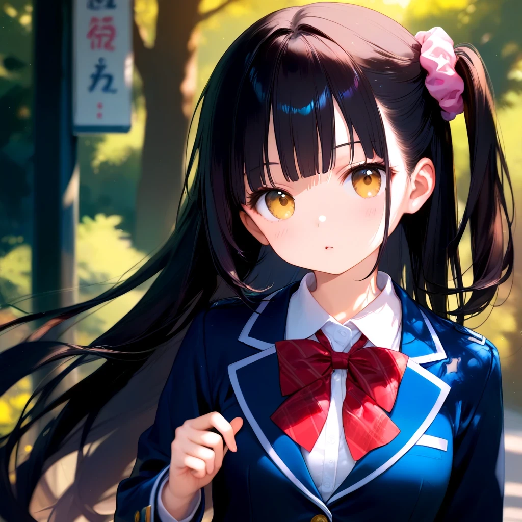 score_9,score_8_up,score_7_up,score_6_up BREAK official art,solo,outdoors,upper body,(portrait:1.5),looking at viewer,facing viewer,Tomori Ayana,very long hair,black hair,one side up,hair ornament,hair scrunchie,pink scrunchie,blunt bangs,yellow eyes,school uniform,blue jacket,blazer,red bowtie,white shirt,collared shirt,long sleeves,medium breasts,skindentation,miniskirt,blue skirt,pleated skirt,plaid skirt,zettai ryouiki,white thighhighs,loafers