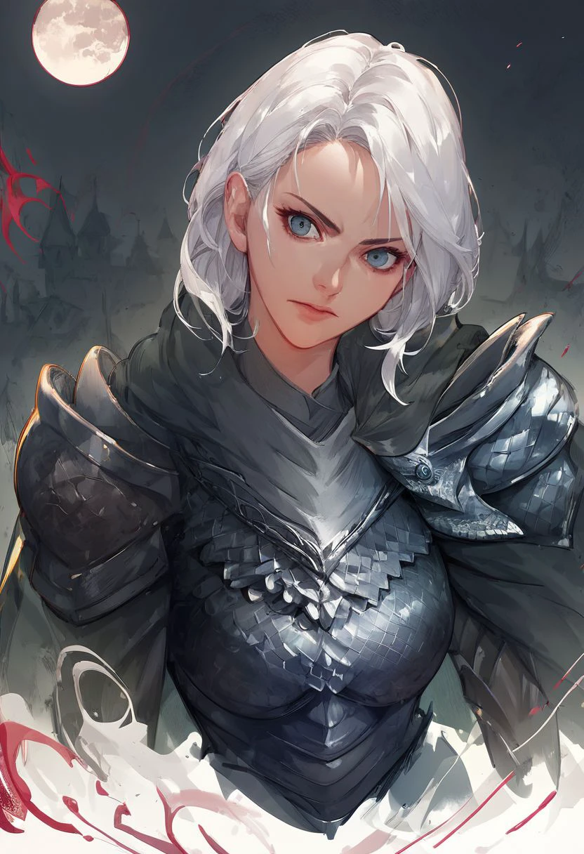 score_9, score_8_up, score_7_up,assassin, solo, white hair mature woman, cloak, armor, shoulder armor, gauntlets,masterpiece, castle view, moon light, japan anime style,close-up, upper body