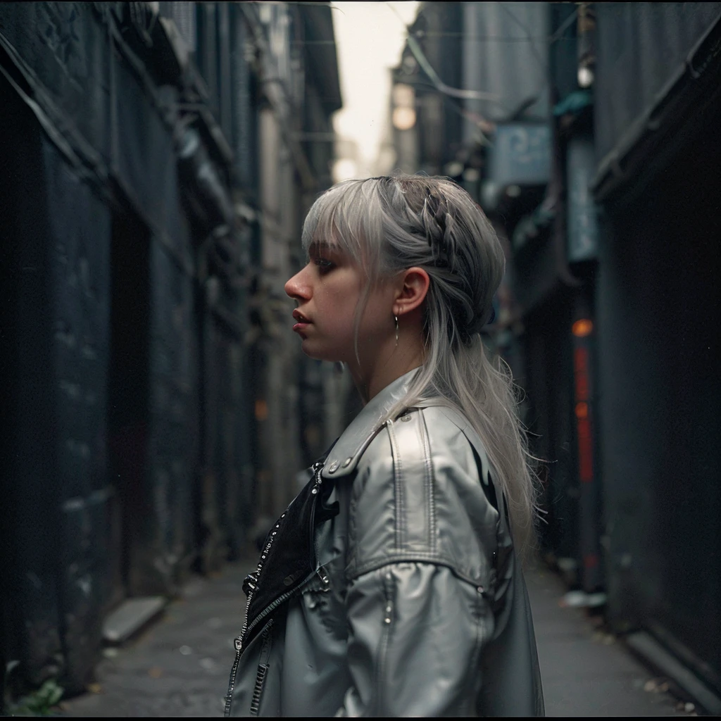 1girl, portrait, wolfcut, bangs, long layered hair, pure white hair, from side, side profile, portrait,
(Wrapped in a sleek leather jacket, accentuated by silver studs and chains, emanating a fierce and edgy aura), (A dimly lit alleyway, with shadows lurking in the corners, exuding an atmosphere of calculated intensity: 1.3), (seductive:1.3),(analog, cinematic, film grain, hazy atmosphere, cinematic shot:1.3),
<lora:concept_hairstyle_wolfCut_sd15_v1-wolfCut:0.8>