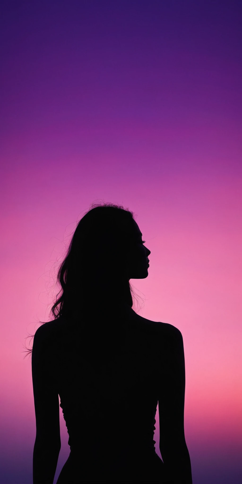 Woman's back,silhouette,pink and purple sky,sunset,serene,warm,surrealism style,high contrast,high definition photography,<lora:HMSGåªå½±XL-000001:0.8>,