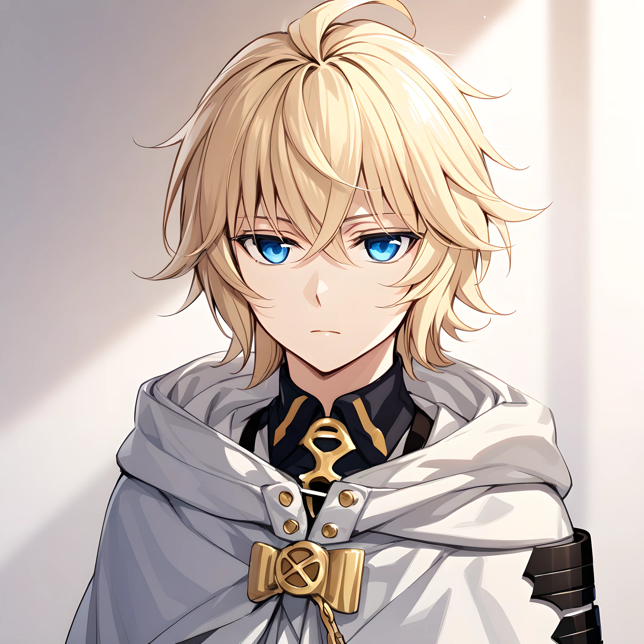 (masterpiece),(best quality),(ultra-detailed),(best illustration),(best shadow),(absurdres),(detailed background),(very aesthetic),hyakuya mikaela, 1boy, male focus, blue eyes, solo, blonde hair, white background, simple background, cloak, hood, upper body, closed mouth, expressionless, hood down<lora:mikaela:1>