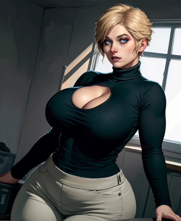 anartr,blonde hair,blue eyes,short hair,cleavage,
black turtleneck,looking at viewer,long sleeves,
pants,  curvy, 
indoors,dark room,
(insanely detailed,  masterpiece, best quality),solo,<lora:ana:0.8>,