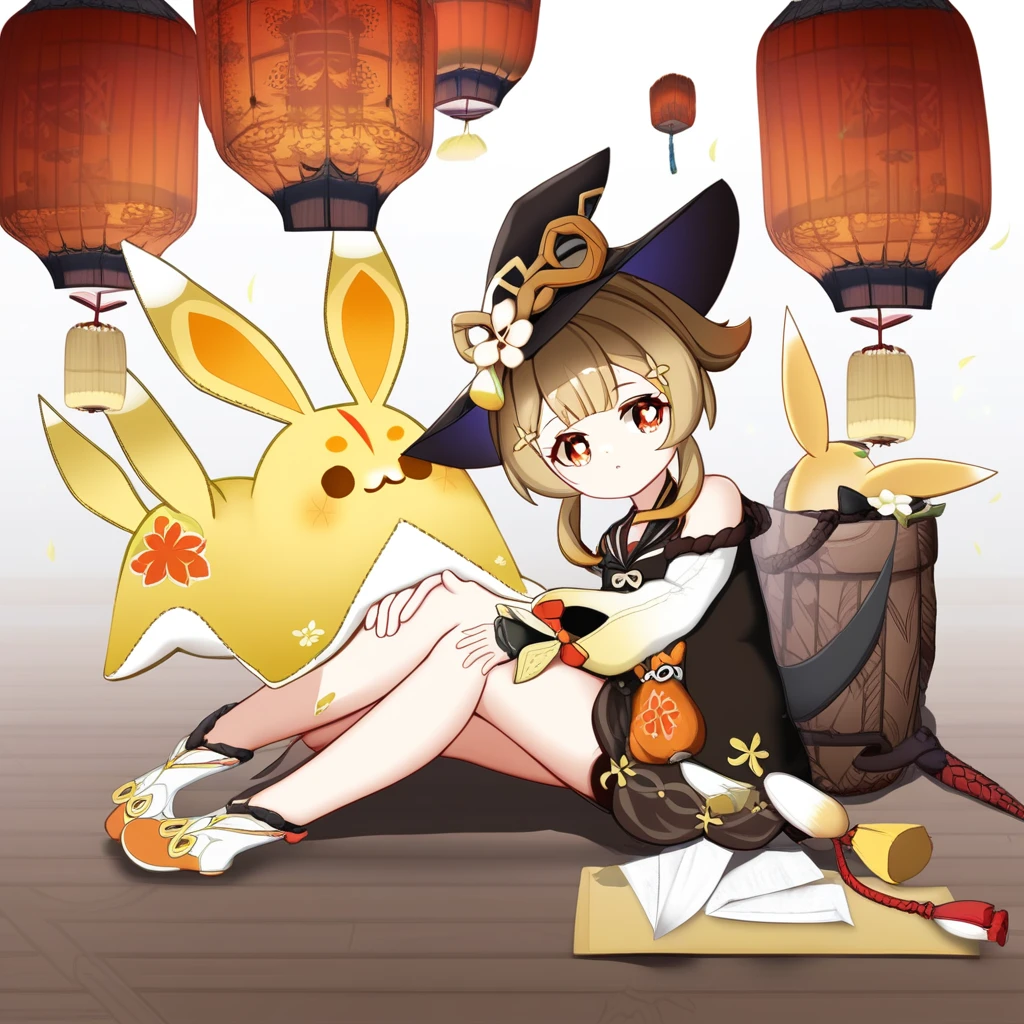 yaoyao (genshin impact), wooden floor, looking away, sleeves past wrists, halterneck, paper lantern, symbol-shaped pupils, bare shoulders, reaching towards viewer, polka dot background, hand on own knee, holding, hair between eyes, dress, 1girl, white flower, yes-no pillow, randoseru, in tree, gradient background, sailor collar, witch hat, on side