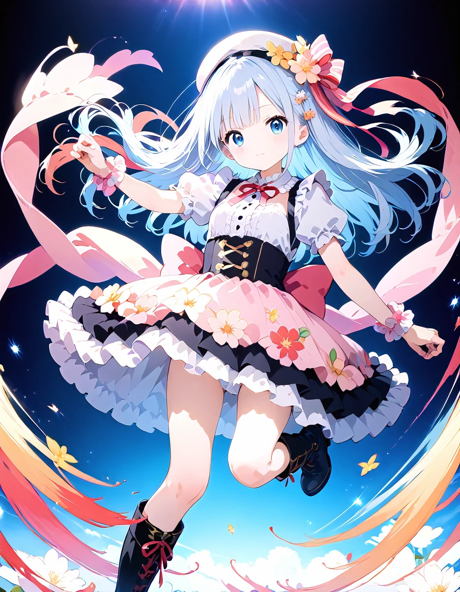 99mix, frilly skirt, puffy sleeves, knee high boots, hat, ribbon, floral print, colorful, dynamic pose,