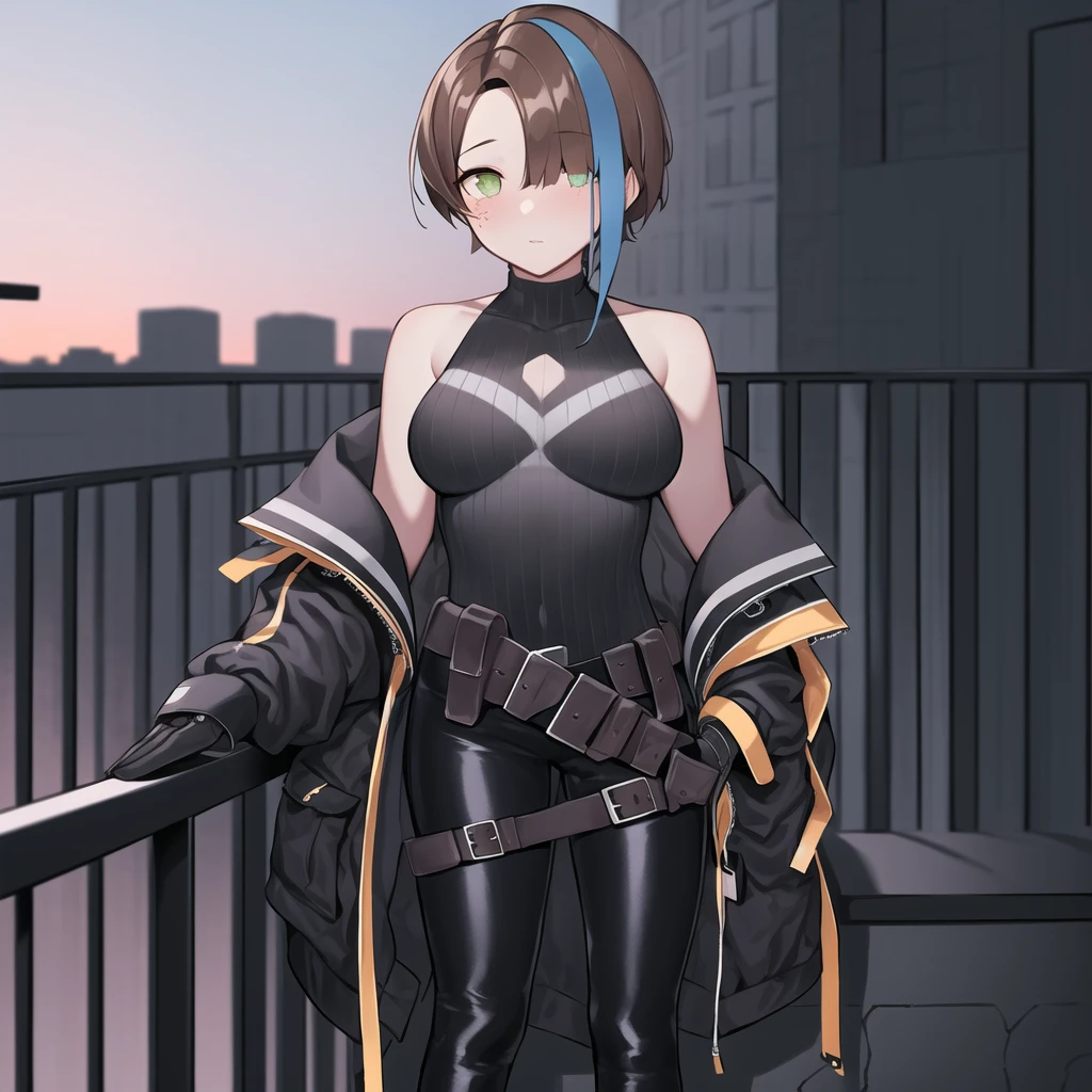 <lora:Tec-9_Girls_Frontline:0.8> tec9, green eyes, two-tone_hair, brown_hair, single blue streak in hair,  short_hair, jacket, gloves, white 'x' on shirt,  black_gloves, bare_shoulders, off the shoulder, black pants, boots, 1female, 1girl, standing, balcony, overlooking city, best quality, masterpiece, detailed, 8K, uhd, (extremely detailed CG unity 8k wallpaper),(masterpiece), (best quality), (ultra-detailed), (best illustration), detailed face, skin pores, detailed skin, detailed eyes, high quality eyes, good quality hands, high resolution, great anatomy