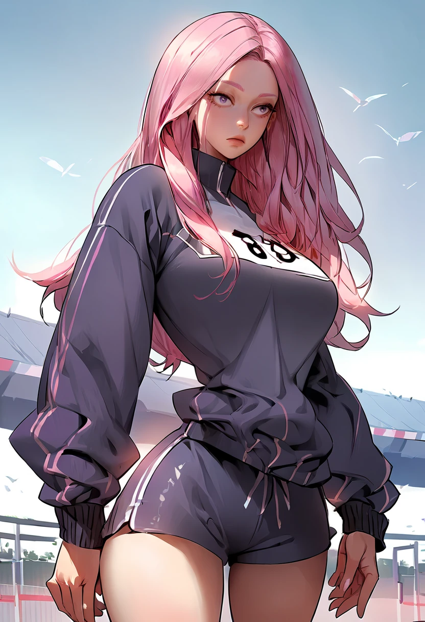 score_9, score_8_up, score_7_up, score_6_up, score_5_up, score_4_up, 1girl, cowboy shot, geum-hae, large breasts, track jacket, bkue eyes, shorts, long hair, pink hair, outdoors, relaxed, <lora:Geum-Hae:1>, Korean style,  <lora:xl_kelala_pony_ceshi(pony):1>