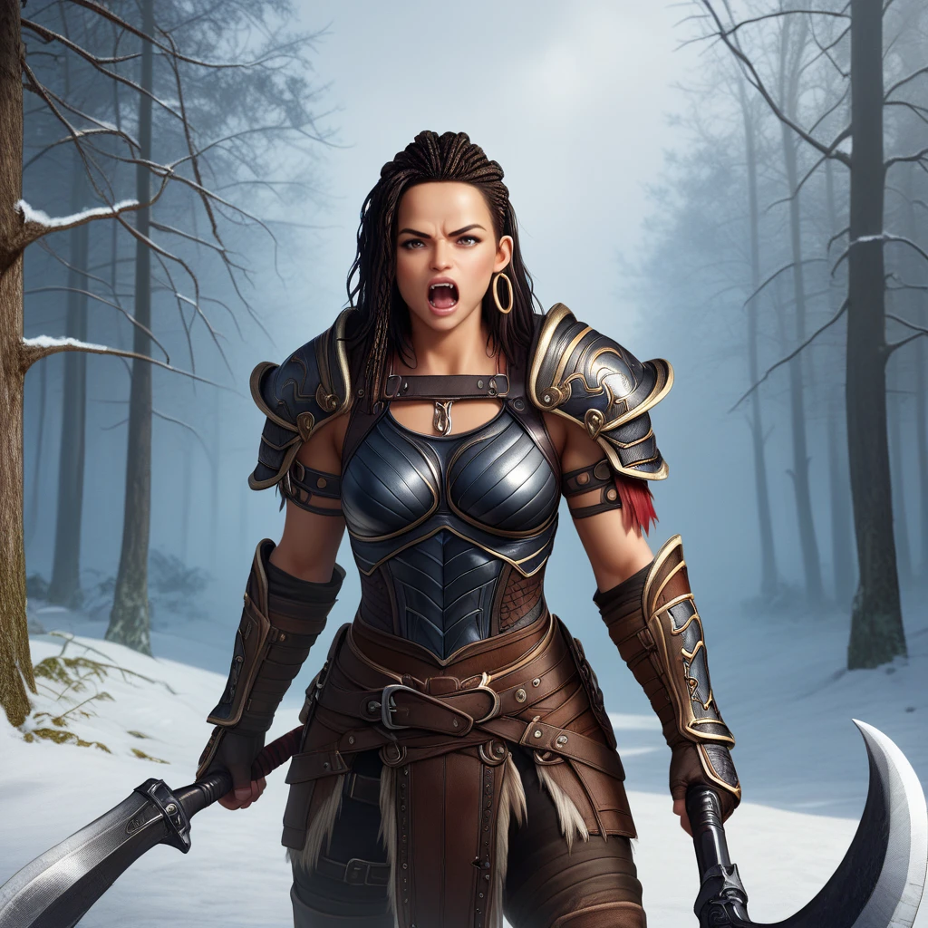 score_9, score_8_up, score_7_up, source_anime, professional photograph of Meg woman, dark skin, tanned, fit body, barbarian, wearing a leather armor, fingerless gloves, gauntlets, holding dual axes, roaring in fury, angry, hair comed back, dreadlocks, dark hair, looking at the viewer, in a snowy forest <lora:Michelle Rodriguez Pony:1>  <lora:XL_Weapon_Dual_Axes_-_By_HailoKnight:1>