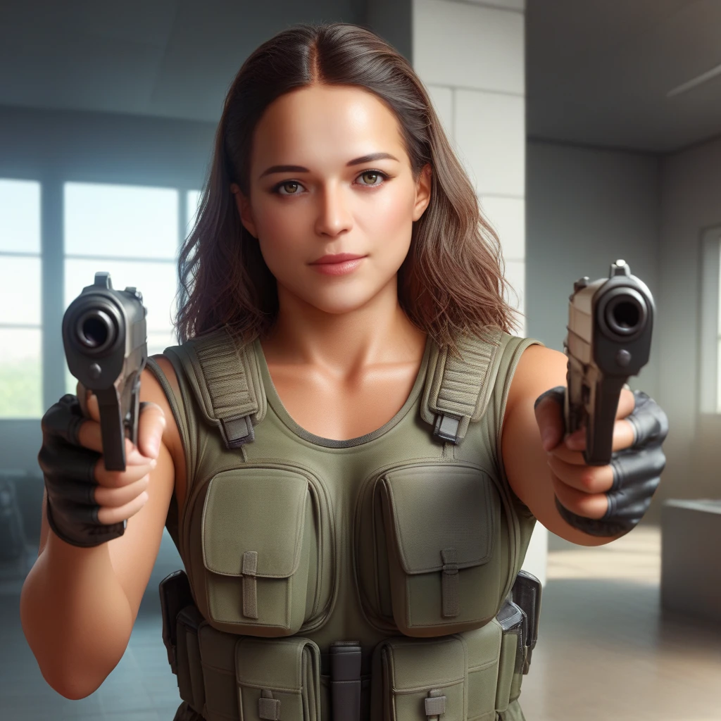 score_9, score_8_up, score_7_up, source_anime, photograph, upper body of  <lora:Michelle Rodriguez Pony:0.9> meg woman, tanned skin, looking at the viewer, fit body, sitting on the ground, wearing a wavy hair, in a modern facility, building, indoors, wearing a black tactical SWAT uniform, kevlar, fingerless gloves, holding (dual pistols), pointing at the viewer with handguns,  <lora:XL_Weapon_Dual_Pistols_-_By_HailoKnight:1>