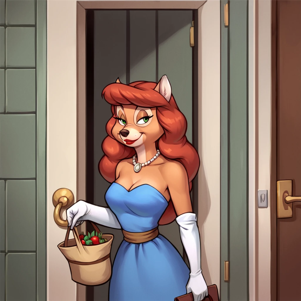 score_9, score_8_up, score_7_up, score_6_up, score_5_up, score_4_up, (Source talespin), (rating safe),  <lora:katiedodd:1>, katie dodd, 1girl, solo, long hair, breasts, smile, gloves, dress, holding, animal ears, bare shoulders, jewelry, medium breasts, standing, red hair, elbow gloves, indoors, white gloves, necklace, looking to the side, strapless, makeup, blue dress, half-closed eyes, strapless dress, furry, door, holding bag, animal nose, furry female, fox girl, green eyes, body fur, brown fur, lipstick, red lips