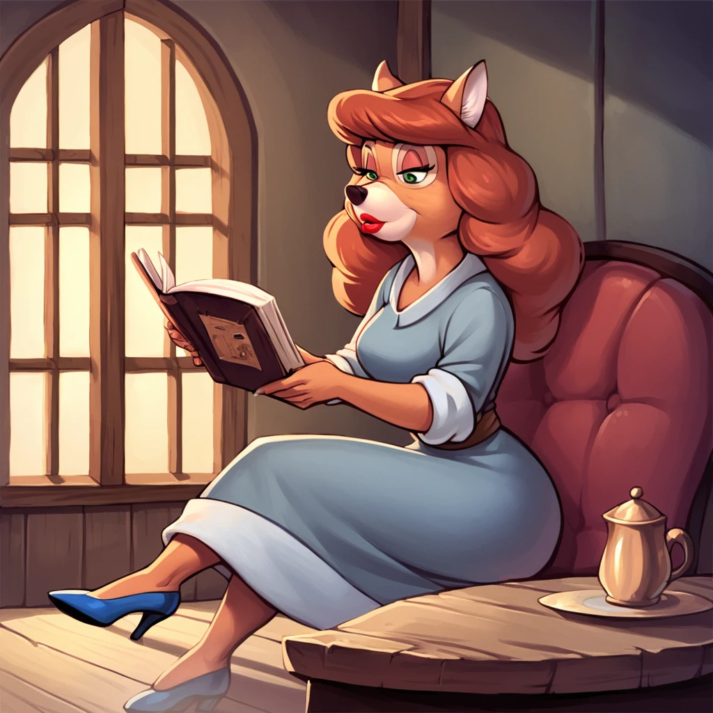 score_9, score_8_up, score_7_up, score_6_up, score_5_up, score_4_up, (Source talespin), (rating safe),  <lora:katiedodd:1>, katie dodd, 1girl, solo, long hair, dress, holding, animal ears, sitting, indoors, high heels, half-closed eyes, table, furry, blue footwear, reading, furry female, fox girl, green eyes, body fur, brown fur, lipstick, red lips