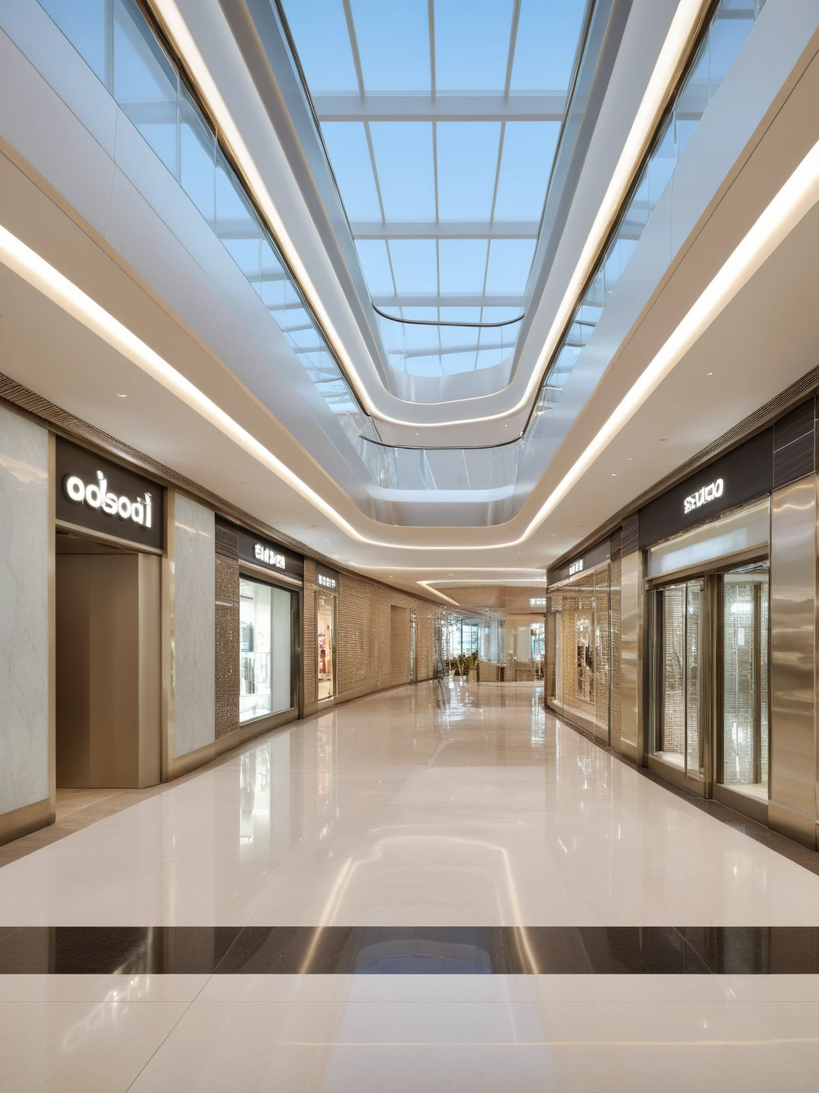<lora:JJsShoppingMall_XL2:1>, ((Shopping Mall)),((masterpiece)) , ((best quality)), soft lighting, high quality, indoors, building, scenery,real world location, sign, sunlight, sky, daytime, enough detail, high resolution, super realistic, Photorealistic, highly detailed,reflection,glass, elevator, hall way, white ceiling, reflection floor, train, stainless, tiles floor, door, post, banner, stairs, . Clean lines, geometric shapes, minimalist, modern, architectural drawing, highly detailed