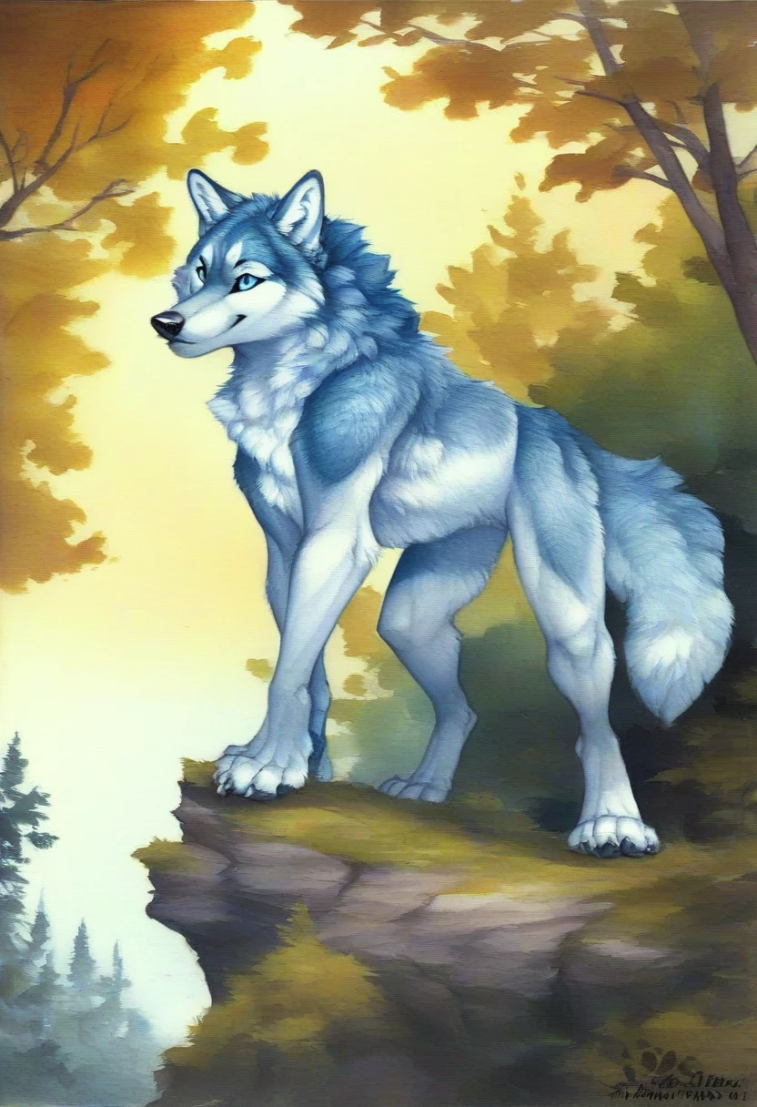 score_9, score_8_up, score_7_up, source_furry, rating_safe, by blotch,
anthro, solo, feral, wolf, light blue body, blue eyes, quadruped, digitigrade,  
standing on a cliff, forest, detailed background, sunny, 
watercolor, traditional media, 
<lora:BlotchV4-6:1>