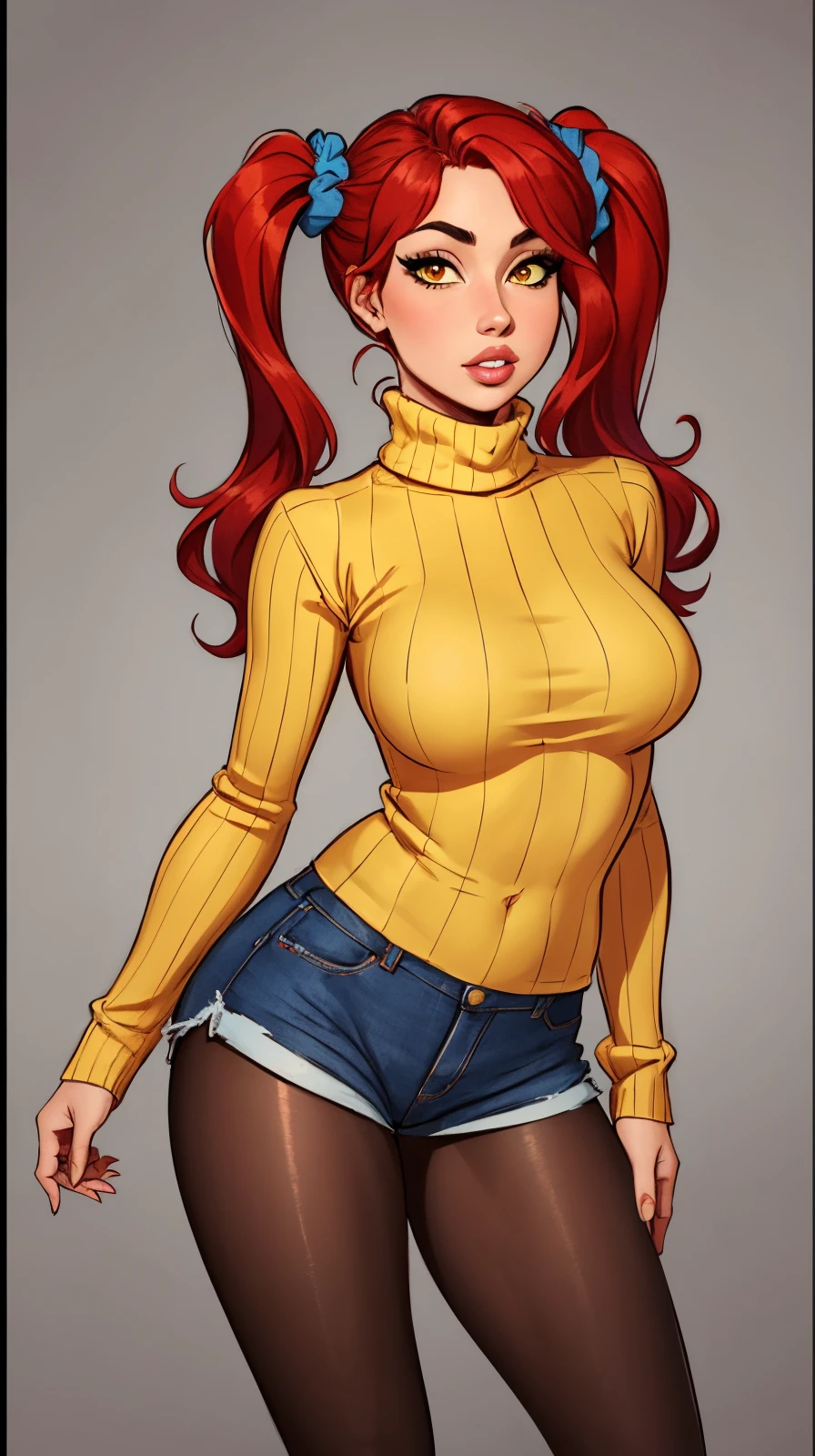 masterpiece, best quality, 1girl, solo, redhair, twintails, very long hair, yellow eyes, hair scrunchie, looking at viewer, lips, parted lips, cowboy shot, pantyhose, short shorts, turtleneck, ribbed sweater,