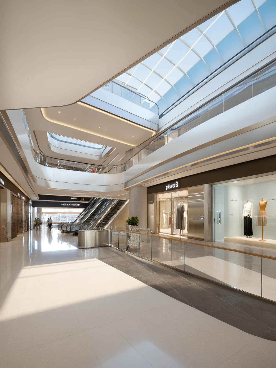 <lora:JJsShoppingMall_XL2:1>, ((Shopping Mall)),((masterpiece)) , ((best quality)), soft lighting, high quality, indoors, building, scenery,real world location, sign, sunlight, sky, daytime, enough detail, high resolution, super realistic, Photorealistic, highly detailed,reflection,glass, elevator, hall way, white ceiling, reflection floor, train, stainless, tiles floor, door, post, banner, stairs, . Clean lines, geometric shapes, minimalist, modern, architectural drawing, highly detailed