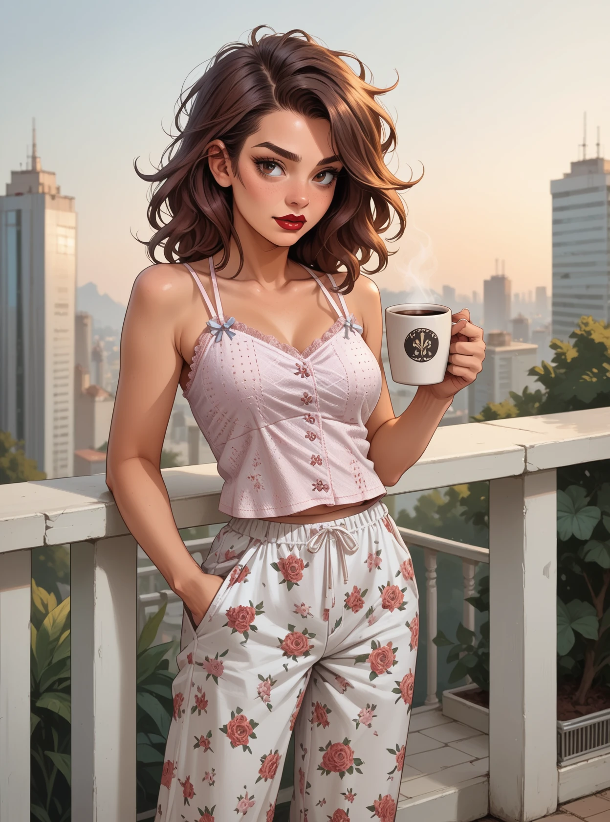 score_9, score_8_up, score_7_up, score_6_up, 1girl, Messy Chignon hair, red lipstick, hud_pjs_1, sleeveless camisole, floral pajama pants, <lora:pajamas_1-000008:0.8>, balcony, morning, holding coffee