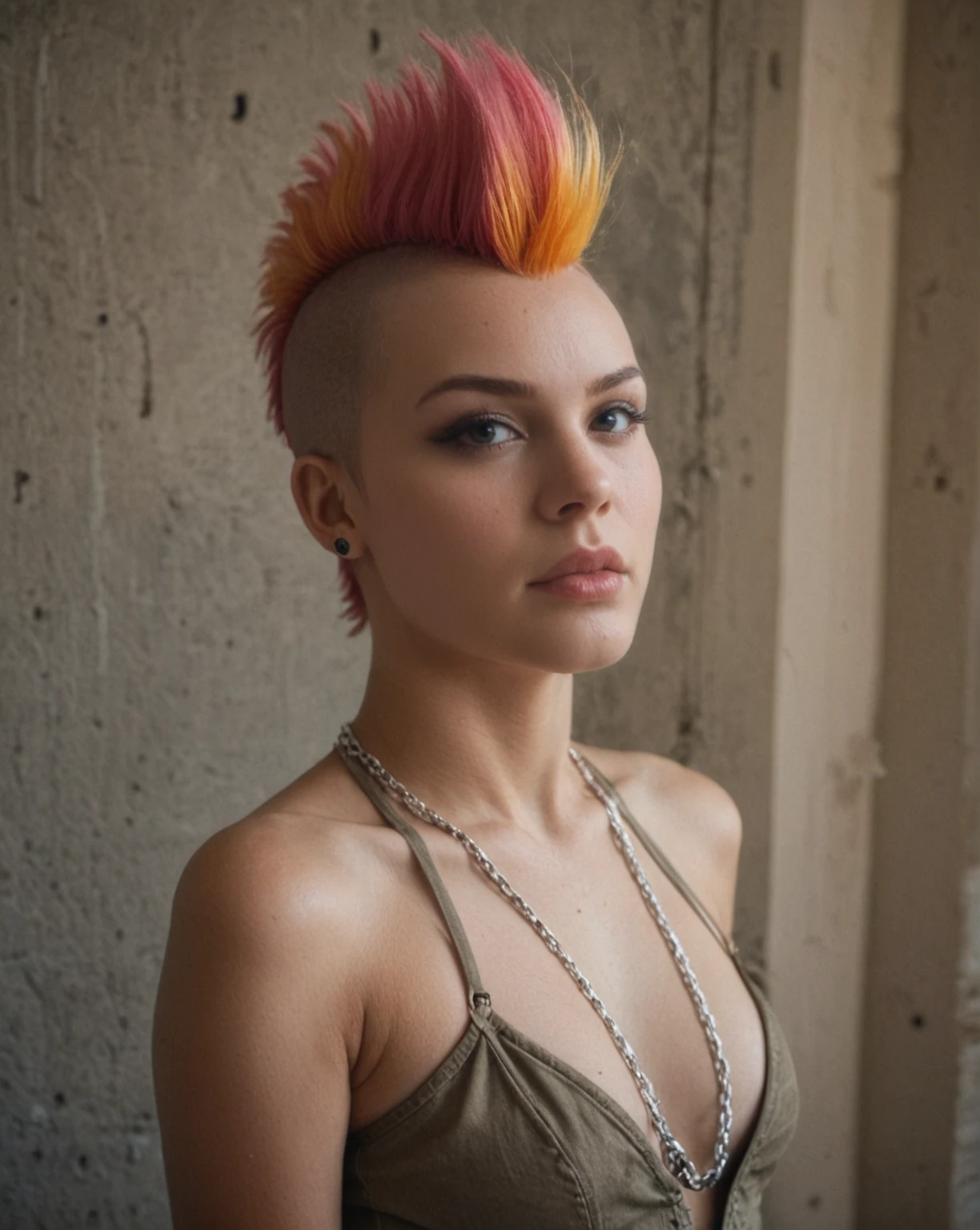 punk outfit, colored Mohawk hair, chain necklace, atmospheric, cinematic, high detail, masterpiece, photo, raw,realistic, score_9, score_8_up, score_7_up, score_6_up, photo, raw, realistic