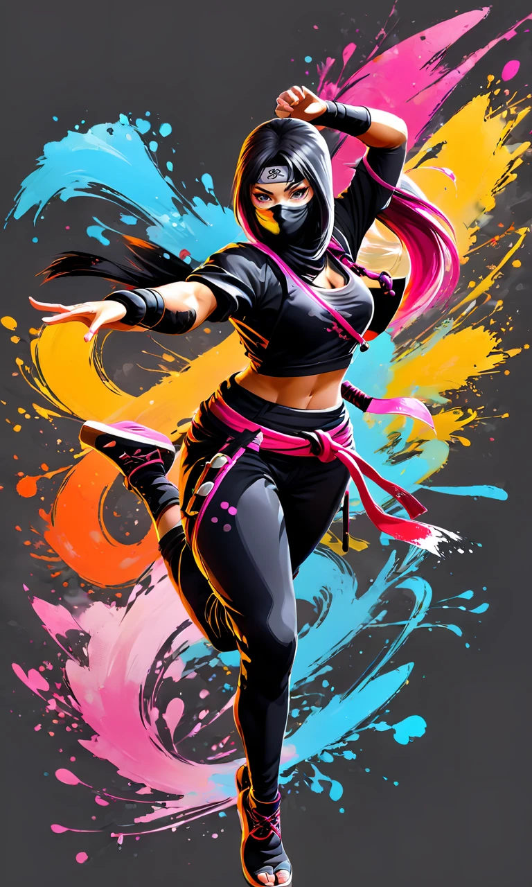 a ninja girl doing a sign, paintsplashsdxl, <lora:paintsplashsdxl:1>, vibrant color, best quality, masterpiece, action pose, tabi, ninja payer, pink and orange paint