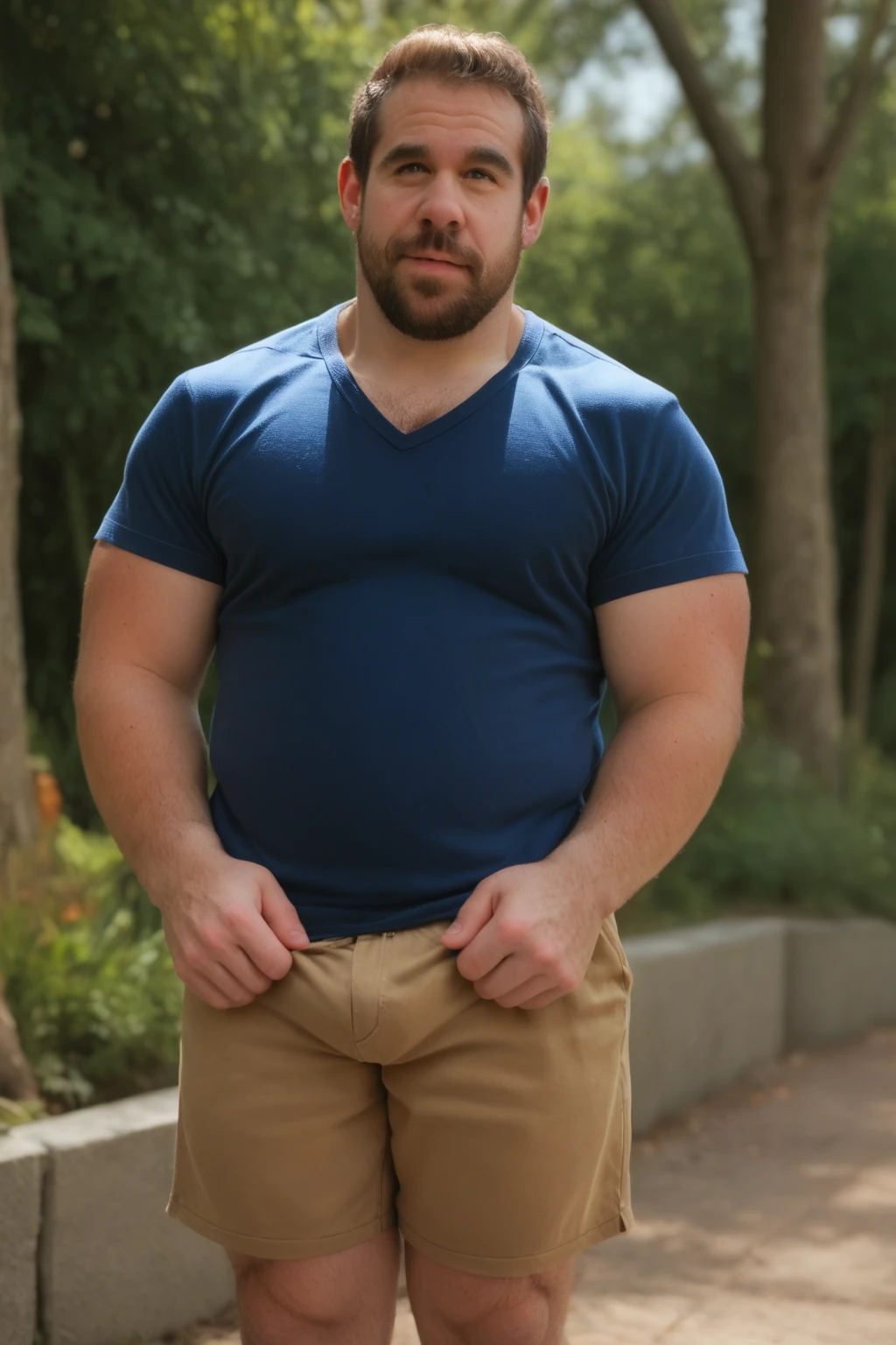 Create a shirtless fat white man with blonde hair and blue shorts