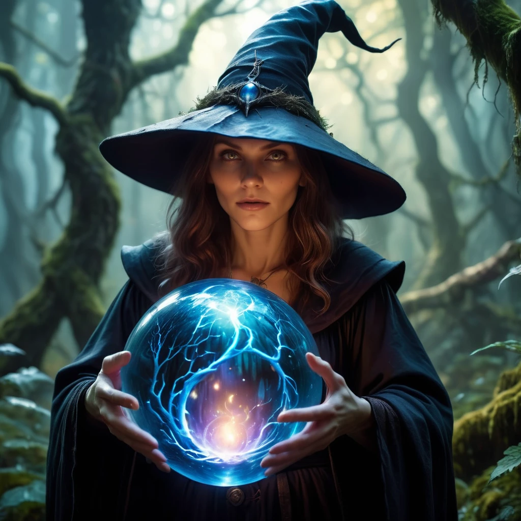 a close up of a  witch in a mystical forest holding a giant Jed-Gball filled with magic in her hands  <lora:Jed-Glassball:0.7>, UHD, octane render