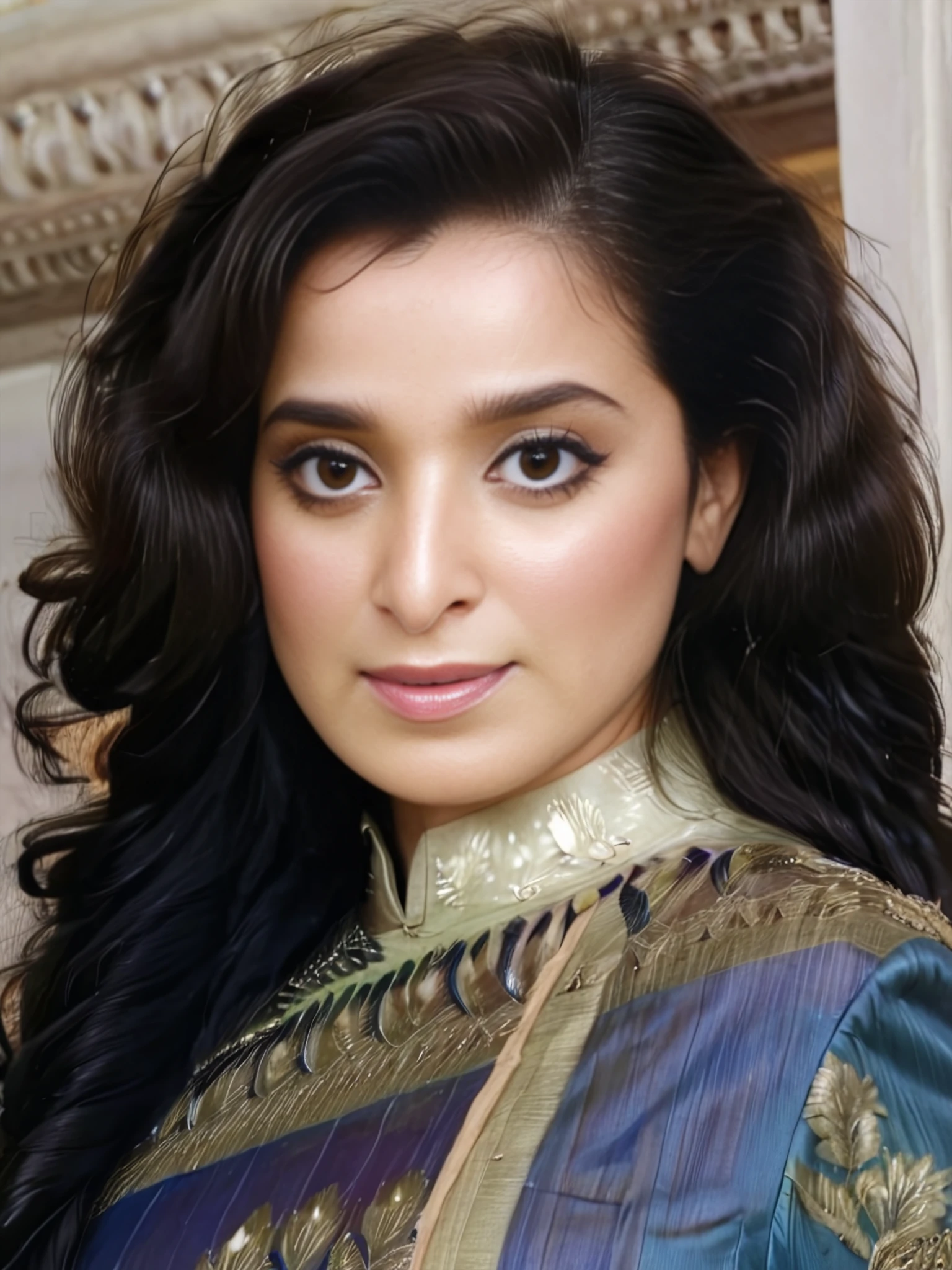 upper body photo of Simone Singh woman,  wearing conservative intricate Sapphire colored clothing, messy hair, , looking at the camera <lora:Simone_Singh_SDXL_LoRA_adafactor-000004:1>