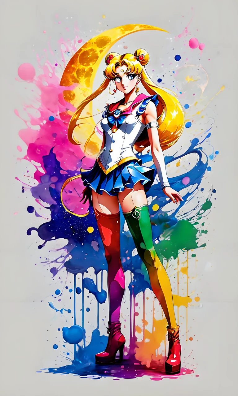 sailor moon standing,  paintsplashsdxl, <lora:paintsplashsdxl:1>, vibrant color, best quality, masterpiece,