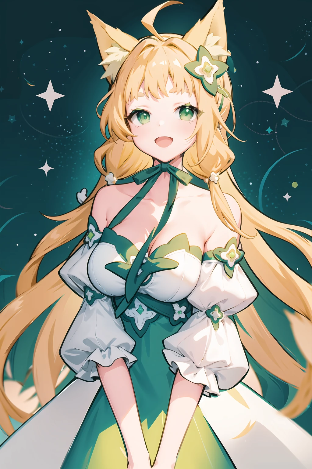 ((masterpiece)), 1girl, solo, <lora:chiffonMaimaiAnything0.0.5:0.95>, (blonde hair:1.1),  night, multicolored background, 
solo, animal ears, hair flower, long hair, thighhighs, green thigh strap, dress, green eyes, tail, fox ears, white dress, standing, legs together, zettai ryouiki, ahoge, open mouth, full body,  white thighhighs, blonde hair, braid, simple background, green hair ornament, looking at viewer, fox tail, animal ear fluff, very long hair, bare shoulders, breasts, medium breasts, cleavage, collarbone, cleavage cutout, ribbon, green star ornament, hair ornament, hand on own chest, chest jewel, green wedge heels, frilled dress, green flower ornament, fox girl, detached sleeves, arms behind back,  <lora:GoodHands-beta2:1.65>,( straight-on:1.3),