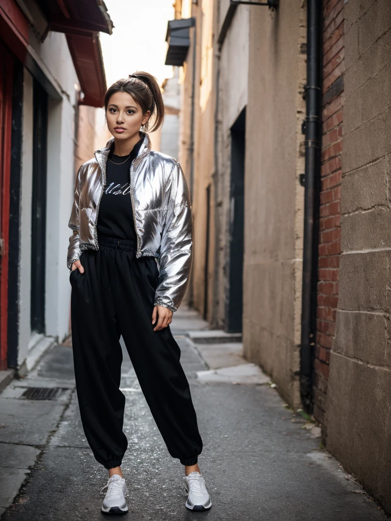 <lora:shiny silver jacket:1> shiny, silver jacket, black trousers,  1girl, in the alley,(8k, best quality, masterpiece:1.2), (realistic, photo-realistic:1.37), ultra-detailed, looking at viewer, full body, warm tone, cinematic light, brown ponytail hair, upper body,