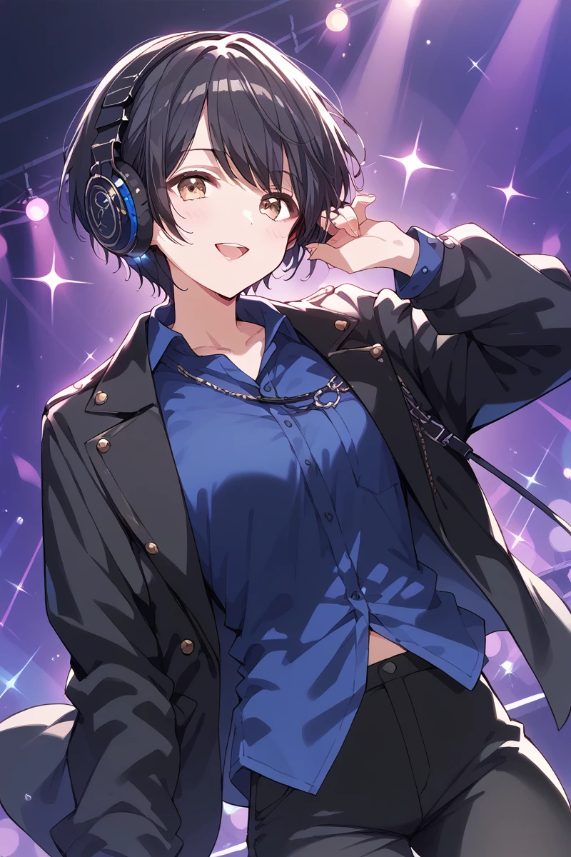 score_9, score_8_up, score_7_up, score_6_up, 1girl,
 <lora:Miyake_Aoi:0.9> aoi, black hair, short hair, black jacket, blue shirt, headphones, color lights, club stage, black pants,