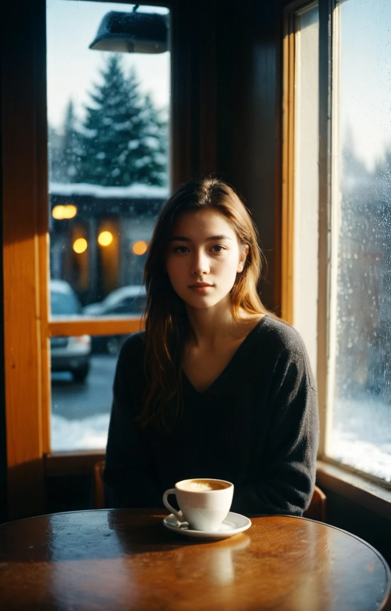 portrait photo, one young woman, film, film grain,, masterpiece, high resolution,
sun light, dark moody, indoor, window, mirror, table, chiar, coffee, snowing, 
 <lora:realfilm xl:.7>, masterpiece, high resolution,